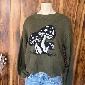 Almost Famous Olive Sweater with Mushroom Design